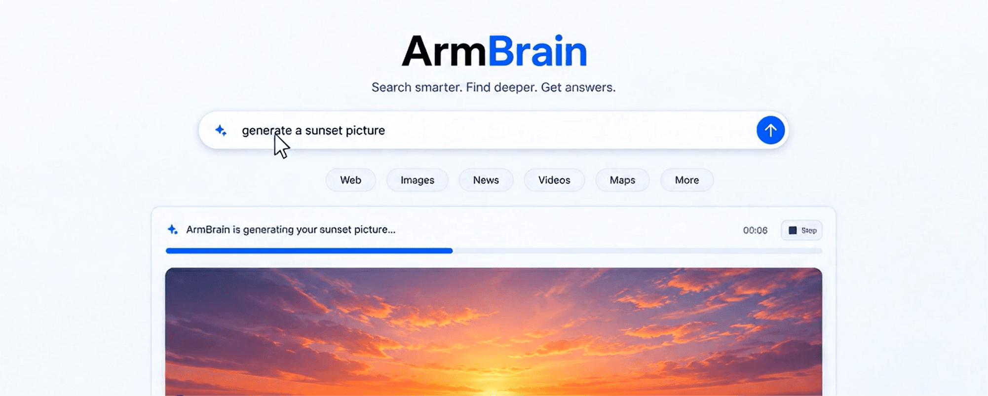 ArmBrain generating a sunset image from a text prompt